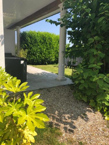 un jardín con pérgola y algunas plantas en Bel Air Studios-Terrasse couverte-Jardinet-Vue Pont de Normandie-Parking privé, en Honfleur