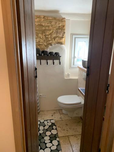 une salle de bain avec toilettes et fenêtre dans l'établissement La Maison de Borie, à Fumel