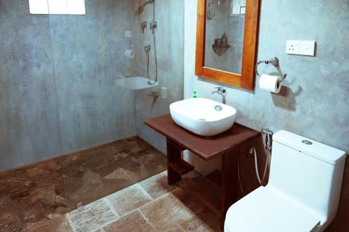 a bathroom with a sink and a toilet and a mirror at Eco Villa in Ambalangoda