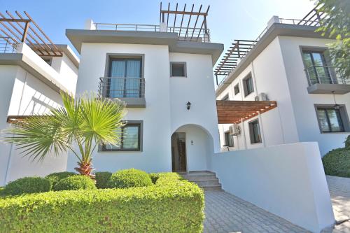 a white house with a palm tree in front of it at Sky Breeze Villas in Ayios Yeoryios