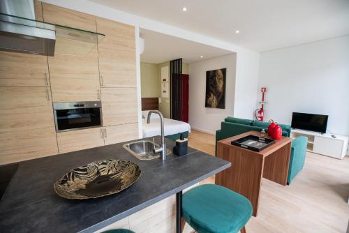a kitchen and living room with a sink and a couch at HAGAH Alojamentos in Guimarães