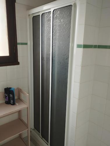 une douche avec une porte vitrée dans une salle de bain dans l'établissement Gite Saint-Victor-et-Melvieu, à Viala-du-Tarn