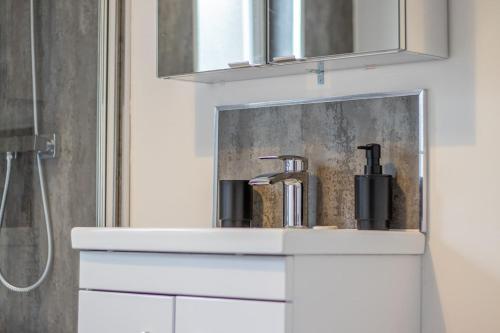 un bagno con lavandino e doccia di The Larky - Modern 2 Bed Cottage in Larkhall a Larkhall