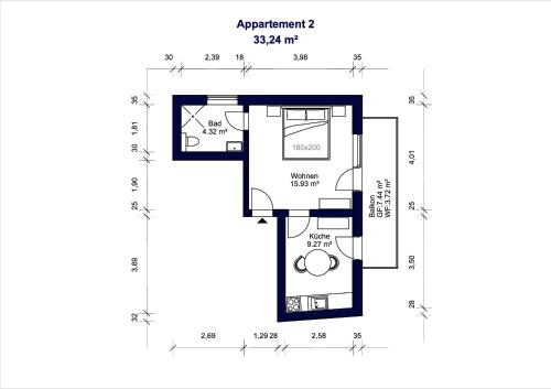 a floor plan of a house at 1-2 Personen - Parkplatz - Fahrradgarage - Zentrum - Küche - Balkon - Klima in Sankt Martin