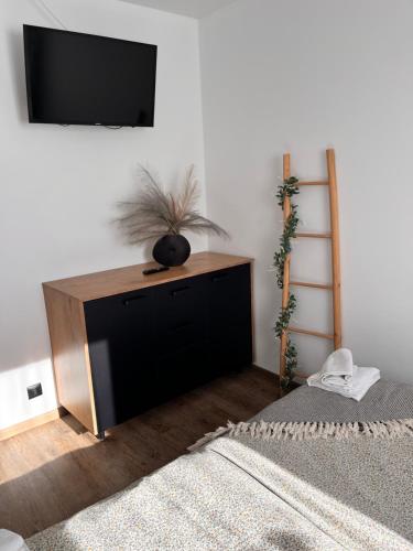 un soggiorno con una TV a parete di Mały Apartament - Wierzbiny numer 2 a Wierzbiny