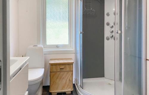 a bathroom with a shower and a toilet and a sink at Gorgeous Home In Åheim in Åheim