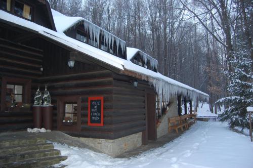 a log cabin with snow on the roof at Koliba u Cerneho Medveda in Zlín