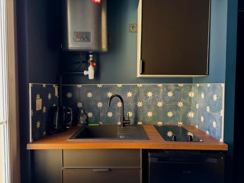 - une cuisine avec un évier et un mur bleu dans l'établissement La traversée des sorciers, à Reims