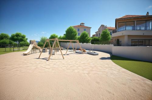 a playground with a swing set in a yard at Seaview Luxury Villa Jacuzzi & Pool! 2 Min Beach in Protaras