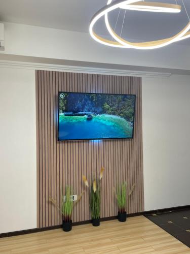 a room with a flat screen tv on a wall with plants at MilitariResidence Luxury 54 in Roşu