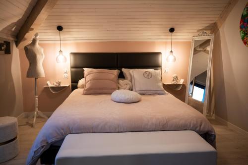 a bedroom with a large bed with two pillows at La Maison de Judith Chambres d hôtes in Orthez