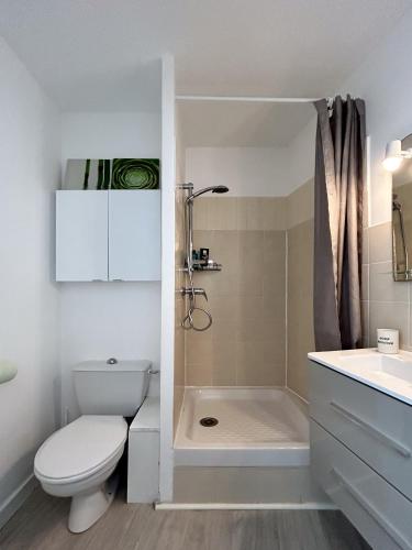 une salle de bain avec toilettes, lavabo et douche dans l'établissement Pacific - studio avec terrasse parking et clim, à La Grande Motte