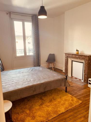 Cette chambre comprend un grand lit et une cheminée. dans l'établissement Appartement Brulart, à Reims