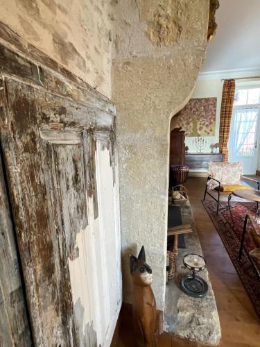 a cat standing next to a door in a room at Maison de la Source in Génis
