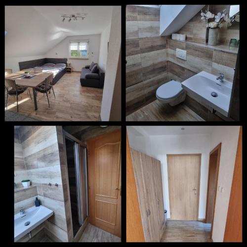 a series of four pictures of a living room and a bathroom at Penzion Šárka in Karlovy Vary