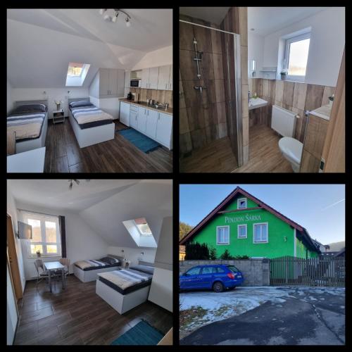a collage of four pictures of a house at Penzion Šárka in Karlovy Vary