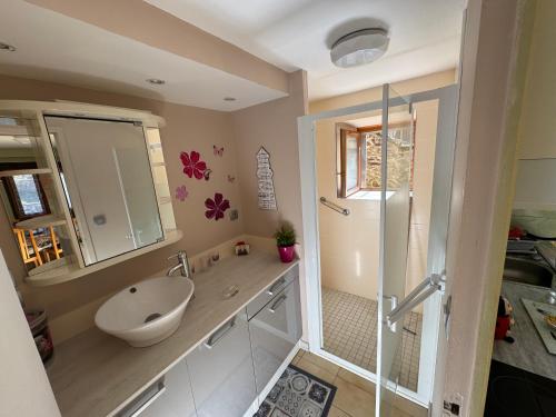 une salle de bain avec un lavabo, des toilettes et une douche dans l'établissement Le Petit Chambon, à Chambon-sur-Voueize