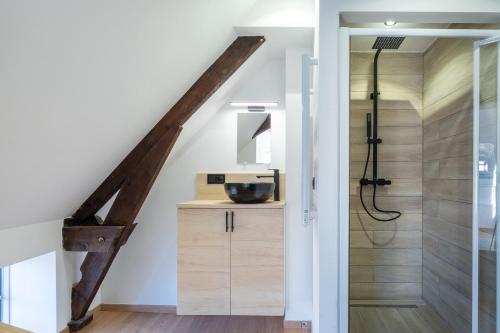 a bathroom with a shower and a toilet in a room at NOMAD APARTMENTS - Côté Meuse in Dinant