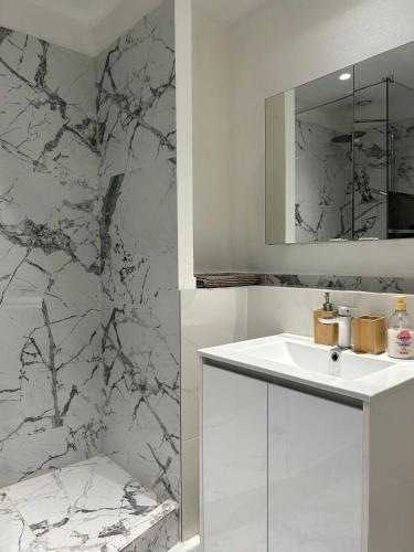 une salle de bain avec un lavabo blanc et un miroir dans l'établissement Appartement Cascadelle, à Cogolin