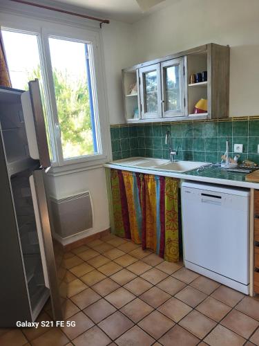 une cuisine avec un évier et un réfrigérateur dans l'établissement la maison bleu, à Montalivet-les-Bains