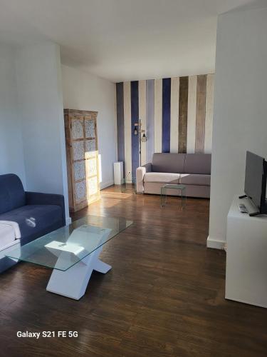 un salon avec un canapé et une table en verre dans l'établissement la maison bleu, à Montalivet-les-Bains