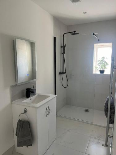 a white bathroom with a shower and a sink at The Bleach Green Cottage in Drumahoe