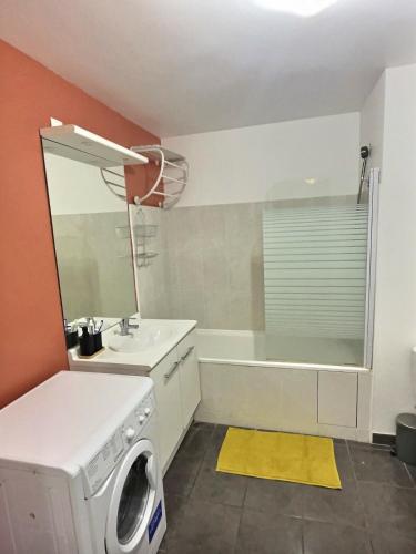 une salle de bain avec une machine à laver et un lavabo dans l'établissement Confort Exotique Idéal Pour Les Familles Et Les Groupes, à Persan