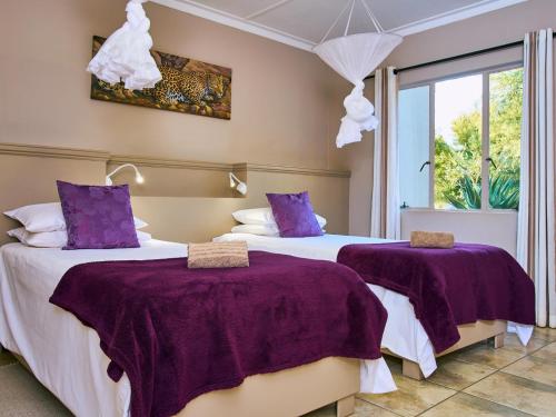 two beds in a room with purple sheets at Hammerstein Lodge in Hammerstein