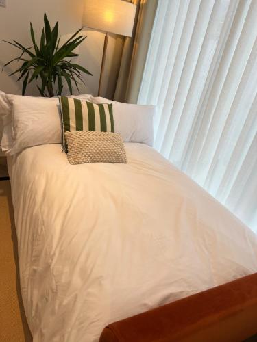 a white bed with a pillow and a window at Old Library Apartments - 8a in Orkney