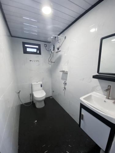 a white bathroom with a toilet and a sink at Casa Damai Janda Baik - RIVERVIEW TINY HOUSE in Bentong