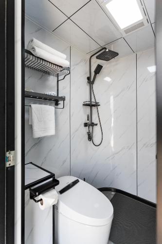 a bathroom with a toilet and a shower at Zvezdnaya Eco-Hotel in Almaty