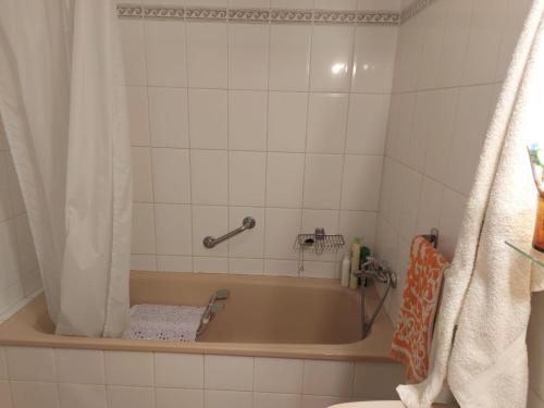 a bathroom with a bath tub with a shower curtain at Ladybug Ocean View in Costa Del Silencio