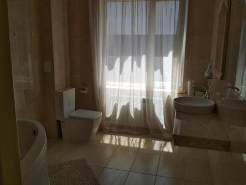 a bathroom with a sink and a toilet and a shower at Hotel Elita in Odesa