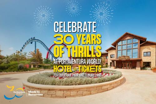 un volante para un parque de atracciones con una montaña rusa en PortAventura Hotel Roulette - Includes unlimited access to PortAventura Park & 1 access to Ferrari Land, en Salou