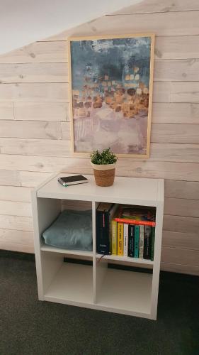 a white book shelf with a potted plant on it at Babie Lato b&b in Uniejow