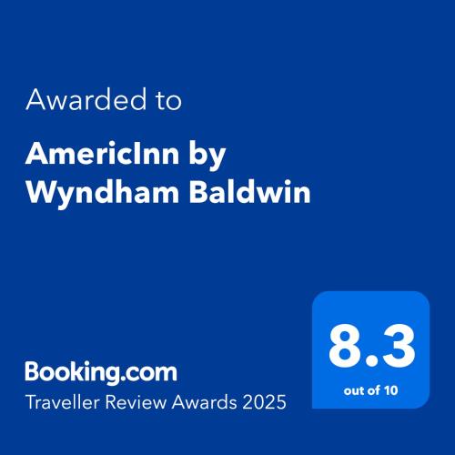 a screenshot of a phone with the text upgraded to americalam by wimbledon at AmericInn by Wyndham Baldwin in Baldwin