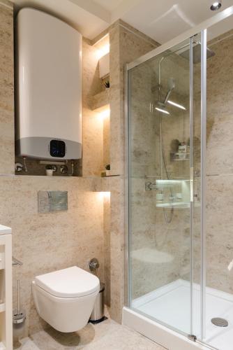 a bathroom with a toilet and a shower at ZEPTERME Luxury Apartments & Studios by CENTRAL in Vrnjačka Banja