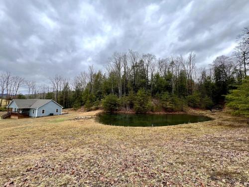 a house in the middle of a field with a pond at Cozy 3 BR Cabin with Pond on 3 acres - New River Gorge - Summersville Lake in Mount Lookout