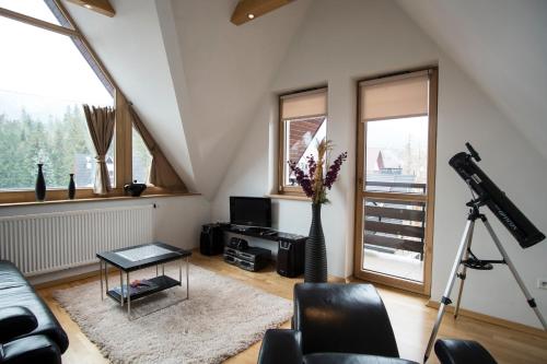 uma sala de estar com uma televisão, um sofá e uma câmara em Apartament Z Widokiem Na Giewont APARTZAKOP em Zakopane