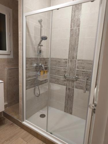 une douche avec une porte vitrée dans une salle de bain dans l'établissement Maison familiale, à Orleix