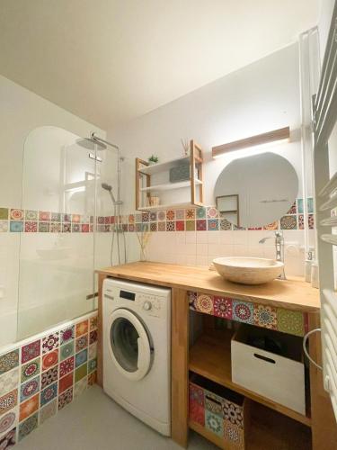 une salle de bain avec une machine à laver et un lavabo dans l'établissement Appartement spacieux avec balcon à Bourg en Bresse, à Bourg-en-Bresse