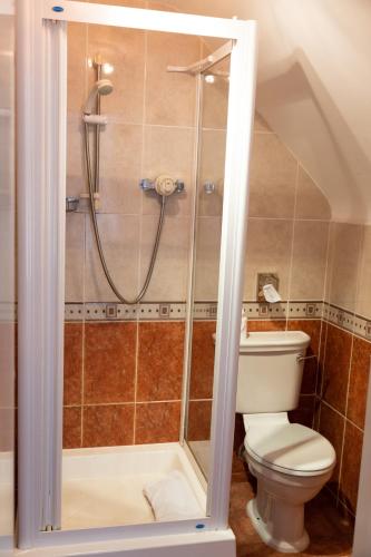 a bathroom with a shower and a toilet at Porth Avallen Hotel in St Austell