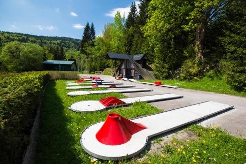 a row of surfboards laying on the grass at Zotavovna VS Přední Labská in Přední Krausovy Boudy