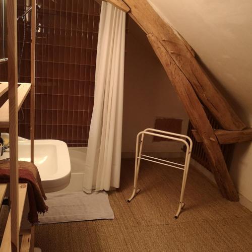 a bathroom with a shower and a sink and a stool at Maison de maître sur grand terrain in Mézilles