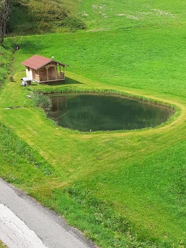 a small house in the middle of a green field at Ferienwohnung Moharblick 1 in Großkirchheim