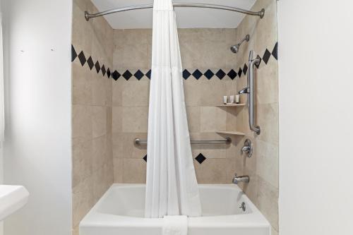 a shower with a white shower curtain in a bathroom at Signature Inn Berkeley in Berkeley