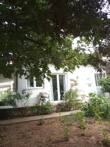 a white house with two windows and a yard at Smal villa loft near the beach in Panayía Mesosporítissa