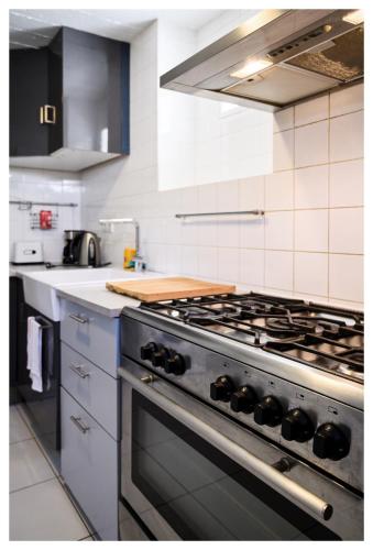 Il comprend une cuisine équipée d'une cuisinière en acier inoxydable. four supérieur dans l'établissement Maison d artiste proche de Paris, à Alfortville