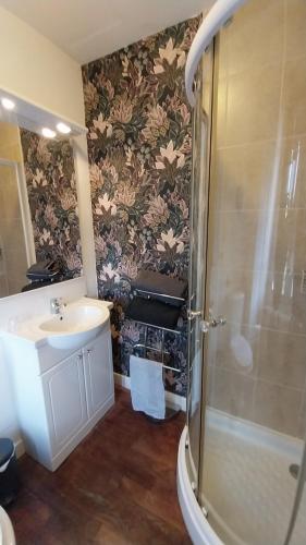 une salle de bain avec un lavabo et une douche dans l'établissement le 7 pompadour, à Pompadour