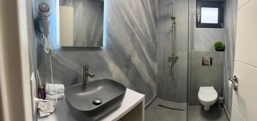 a bathroom with a sink and a shower and a toilet at Pensiune cu restaurant Bigfast in Luduş